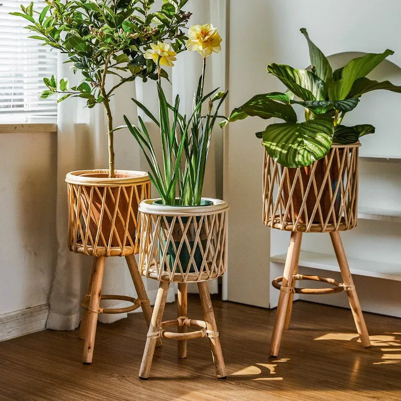 support plante tressé bois rustique conteneur fleur balcon salon naturel