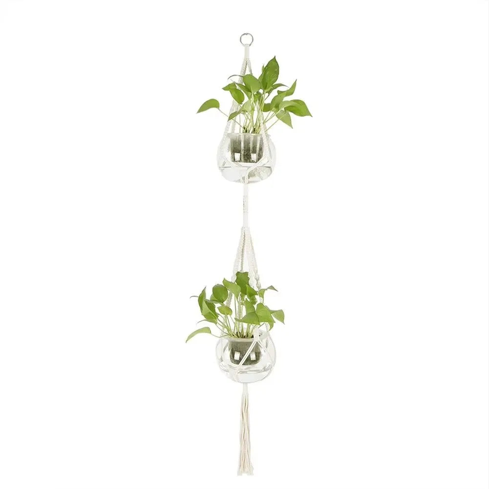 Support plante suspendue macramé blanc artisanal pot transparent