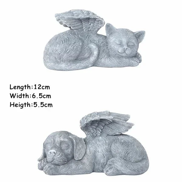 statue ange resine chien chat ailes plumes decoration exterieur gris clair commémoration animal décédé