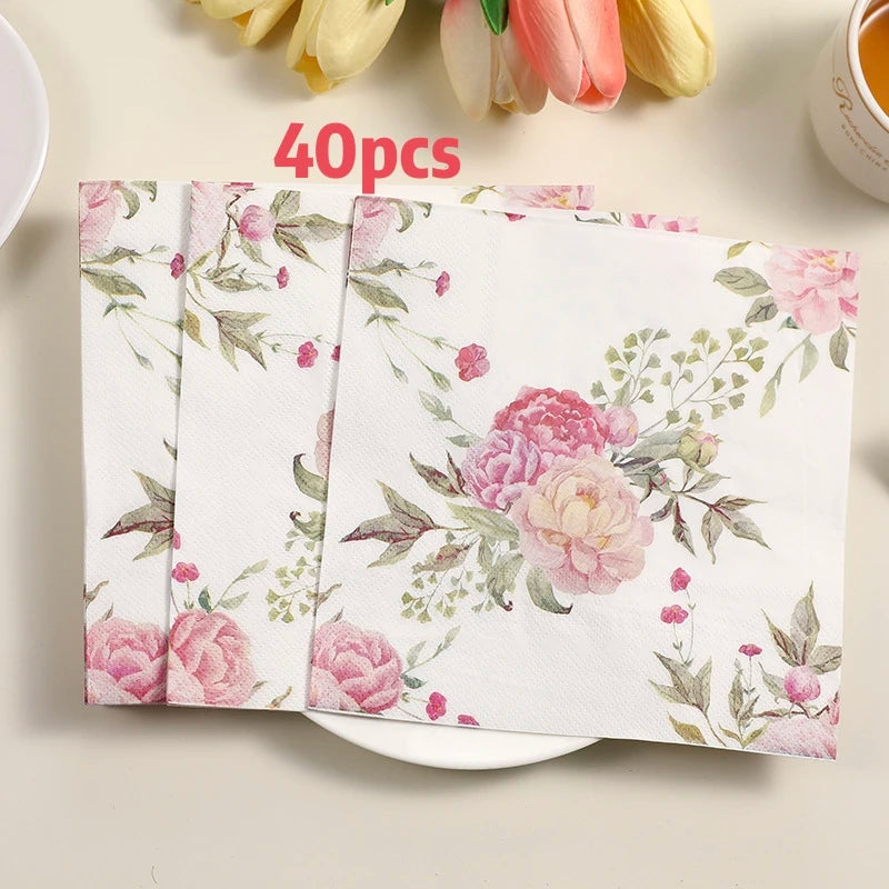 serviettes papier floral pivoines rose blanc decoration table mariage anniversaire festive