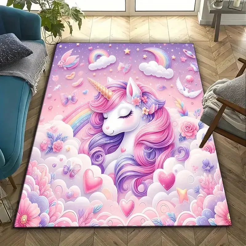 tapis enfant licorne arc ciel chambre fille peluche doux motif nuages fleurs décoratif