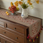 tableau decoratif lin motifs floraux pompons multicolores table buffet ethnique rustique