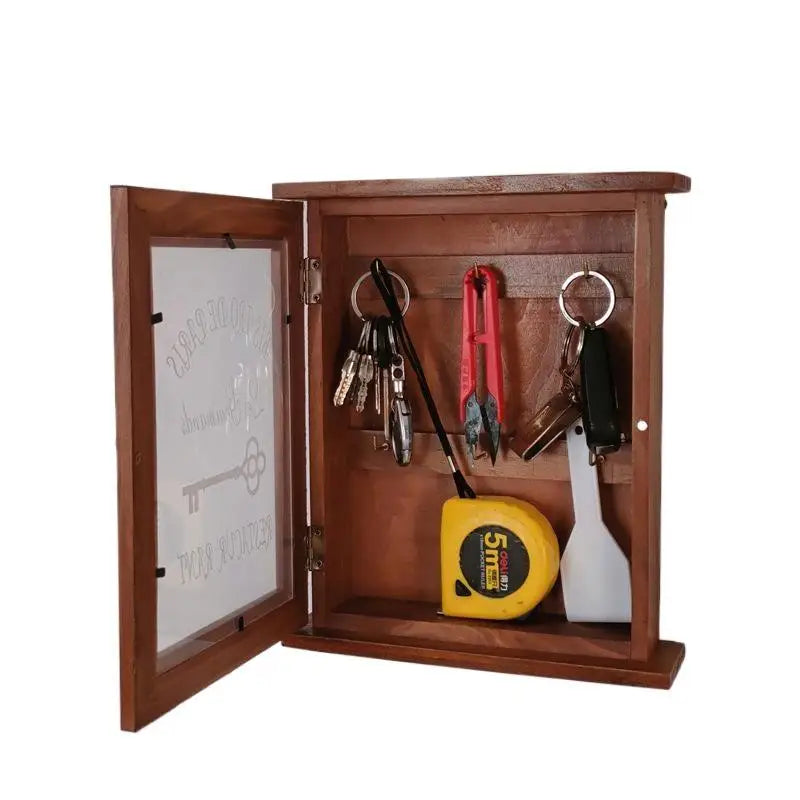 boîte rangement clés bois marron clair verre opalin rustique armoire murale couteau mesureur ruban