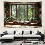 tapisserie rustique scénique fenêtre plantes bois salon brun beige vert