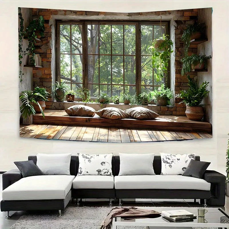 tapisserie rustique scénique fenêtre plantes bois salon brun beige vert