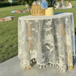 nappe table blanche fleurs brodées bohème anti poussière clips opaques rond vintage