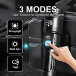 lampe torche rechargeable led 30w zoom longue portée noir affichage numérique