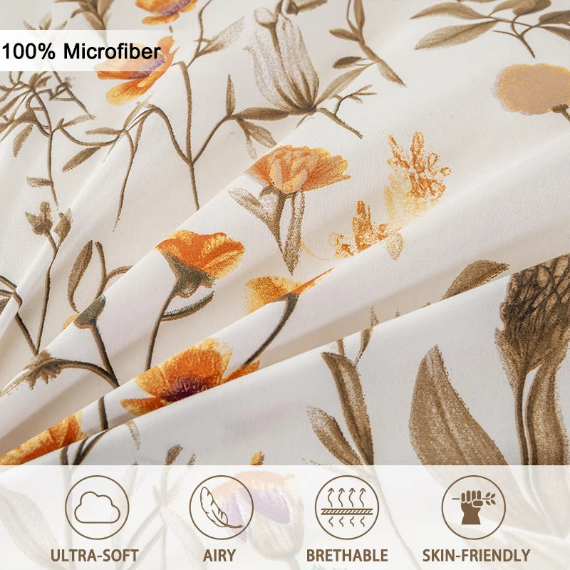 housse couette motif floral moderne pièces blanc cassé orange marron vert douce machine laver