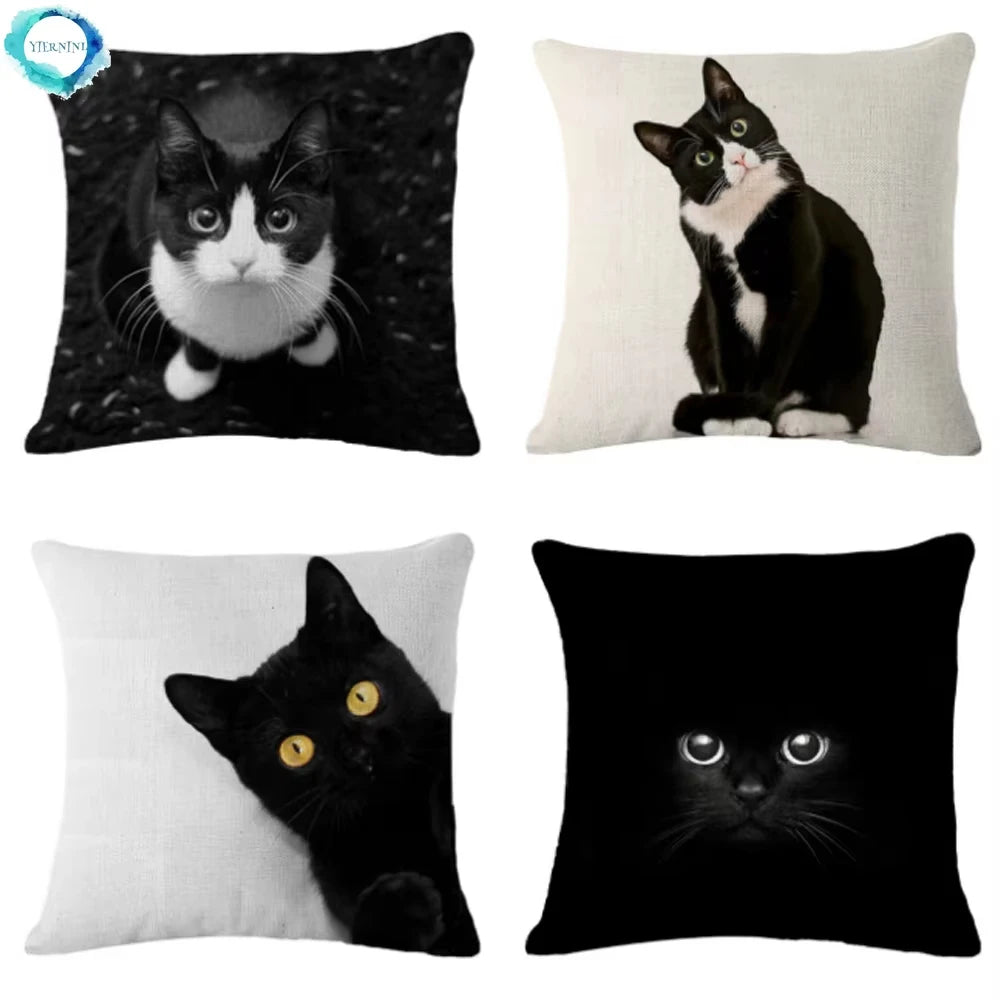 coussin carré imprimé chat noir blanc moderne 100% polyester 45x45cm amovible lavable