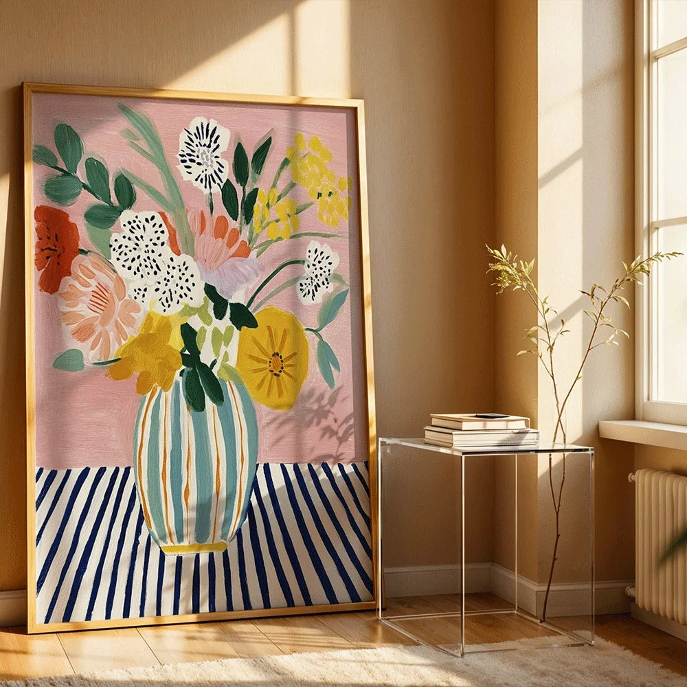 tableau moderne floral bouquet fleurs stylise vase raye chambre salon decoration erotique minimalist toile
