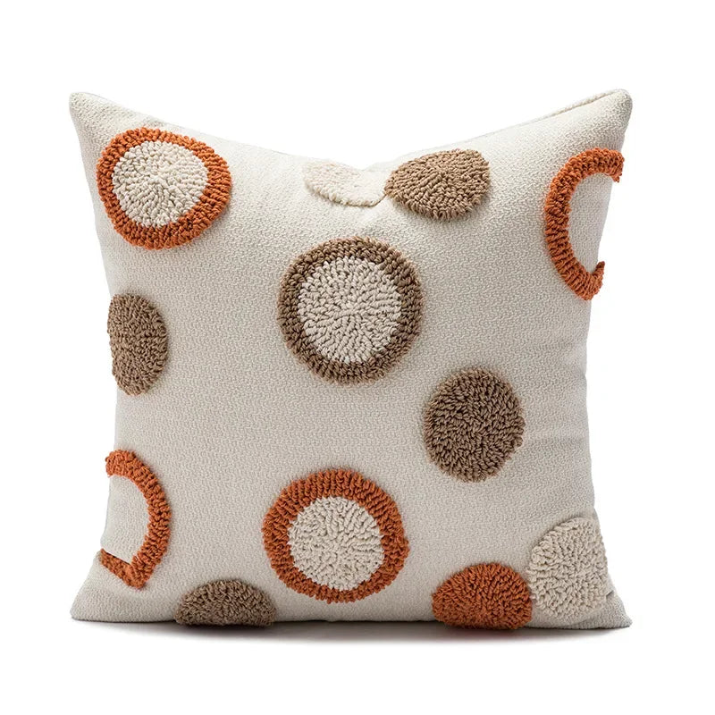 coussin décoratif nordique brodé motif géométrique beige moutarde orange brun boho chic