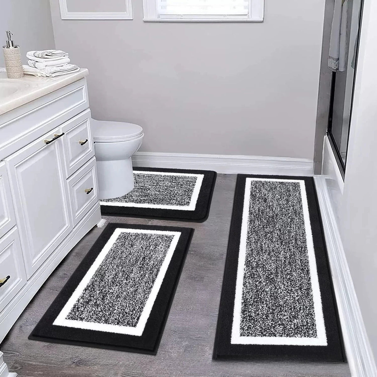tapis sol microfibre moderne gris blanc bordure blanche antidérapant salle bain