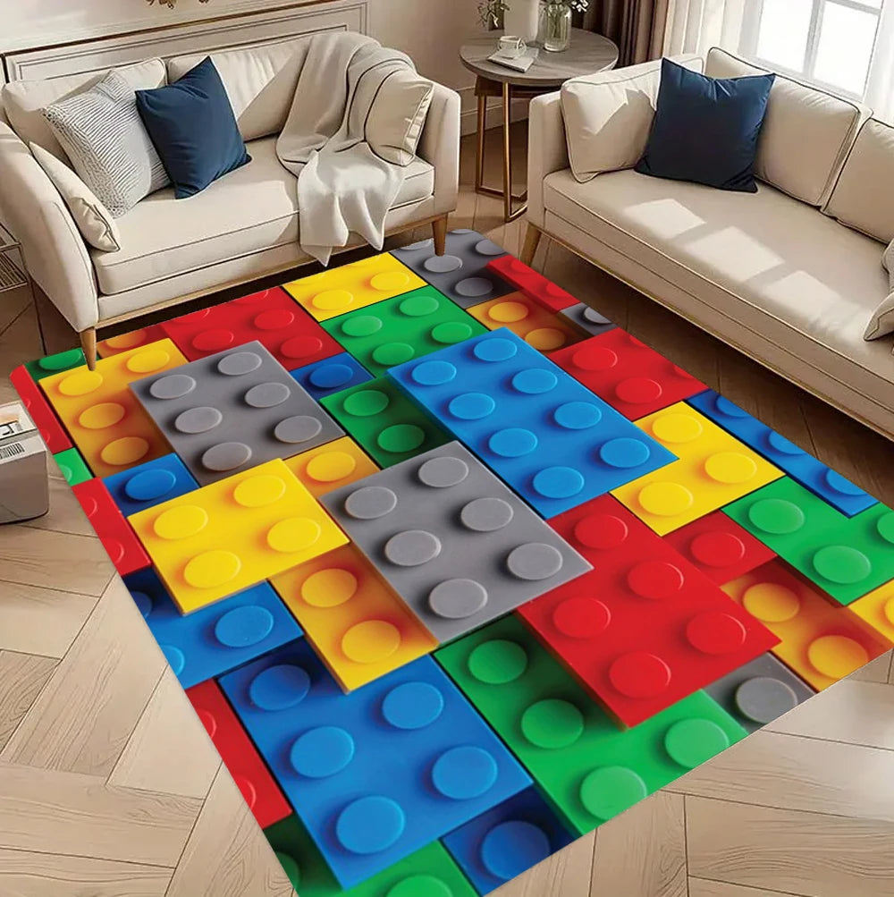 tapis moderne motif lego blocs colorés polypropylène rouge vert bleu chambre salon durable