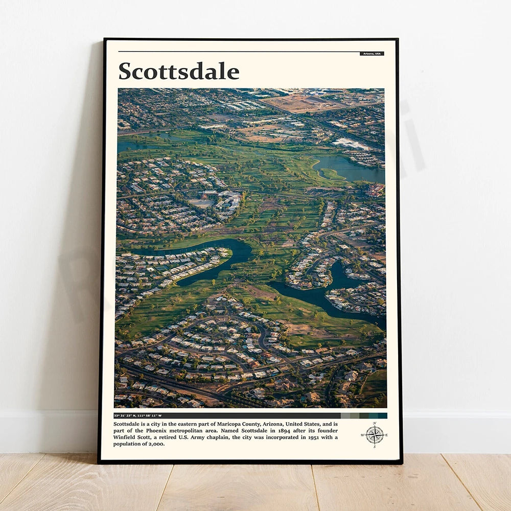 Cette image aérienne montre une vue panoramique de la ville de Scottsdale, en Arizona, États-Unis, avec ses quartiers résidentiels, ses espaces verts et ses plans d'eau.