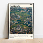 Cette image aérienne montre une vue panoramique de la ville de Scottsdale, en Arizona, États-Unis, avec ses quartiers résidentiels, ses espaces verts et ses plans d'eau.