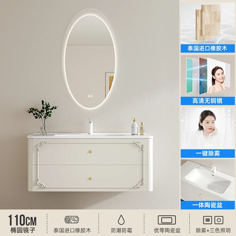 meuble salle bain noir blanc tiroirs vasque ornements dorés classique fixations murales accessoires cosmétiques