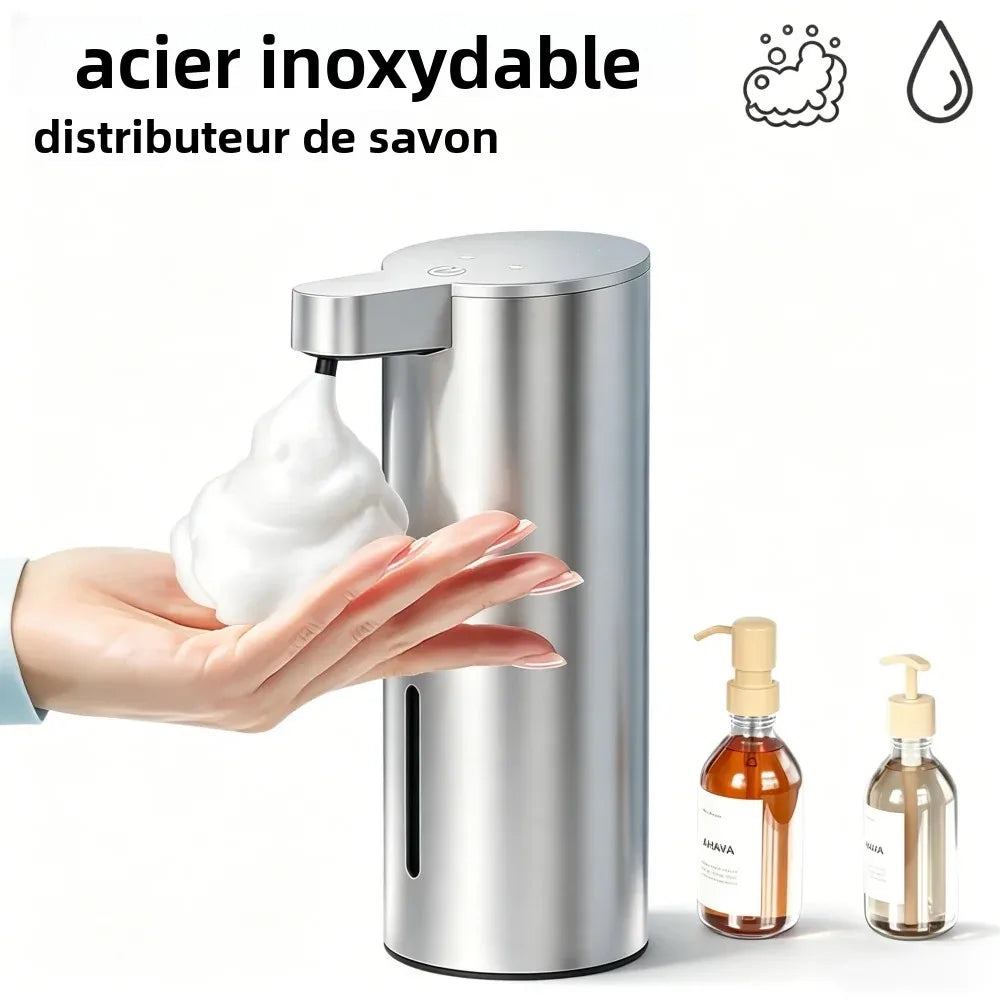 distributeur savon mousse sans contact acier inoxydable moderne 360ml lisse brillant argente