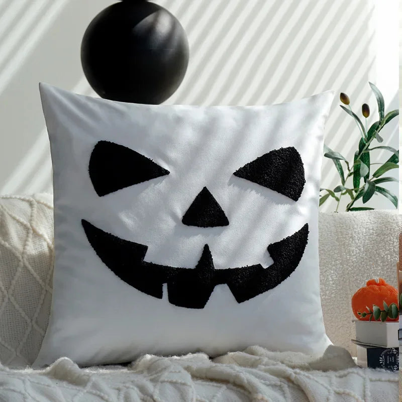 housse coussin carré halloween citrouille trick or treat polyester blanc orange moderne