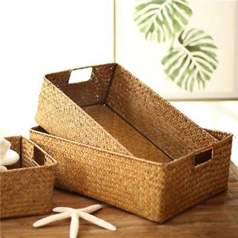 paniers tissés marron clair rustiques boho chic poignées intégrées rangement multifonctionnel écologique