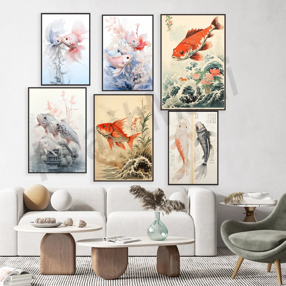 Collection de peintures murales représentant des poissons d'eau douce et marins dans un décor naturel, créant une ambiance zen et apaisante dans ce salon moderne.