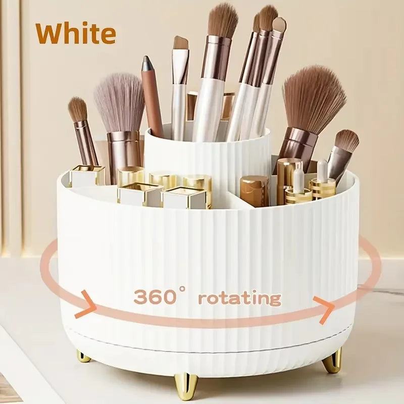 boîte rangement rotative blanc rayures verticales moderne pieds non slip compartiments pinceaux maquillage produits