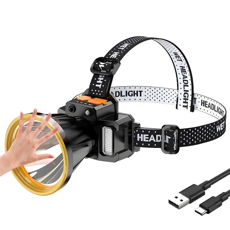 lampe frontale led rechargeable bande élastique réglable mode camping pêche chasse lumière blanche jaune