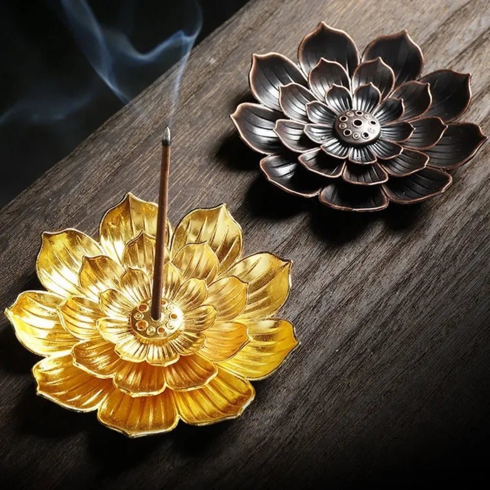 supports encens forme lotus or bronze floral texturé zen oriental décoration aromathérapie maison salon