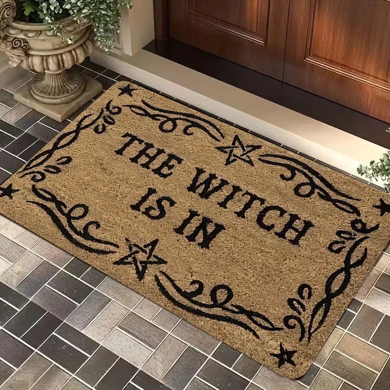 tapis d'entrée halloween marron noir motif étoile texte sorcière décoration porte maison vintage décoratif