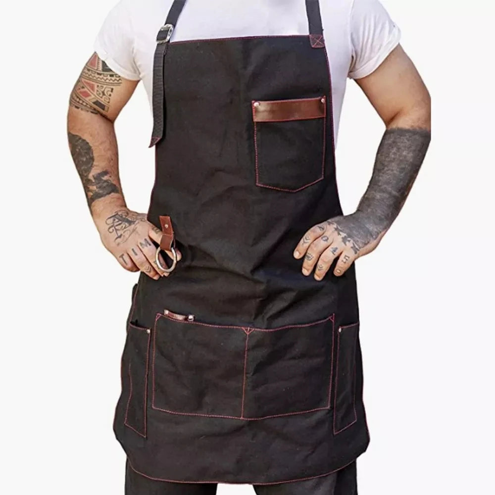tablier cuisine noir toile coton poche cuir élégant classique imperméable professionnel chef