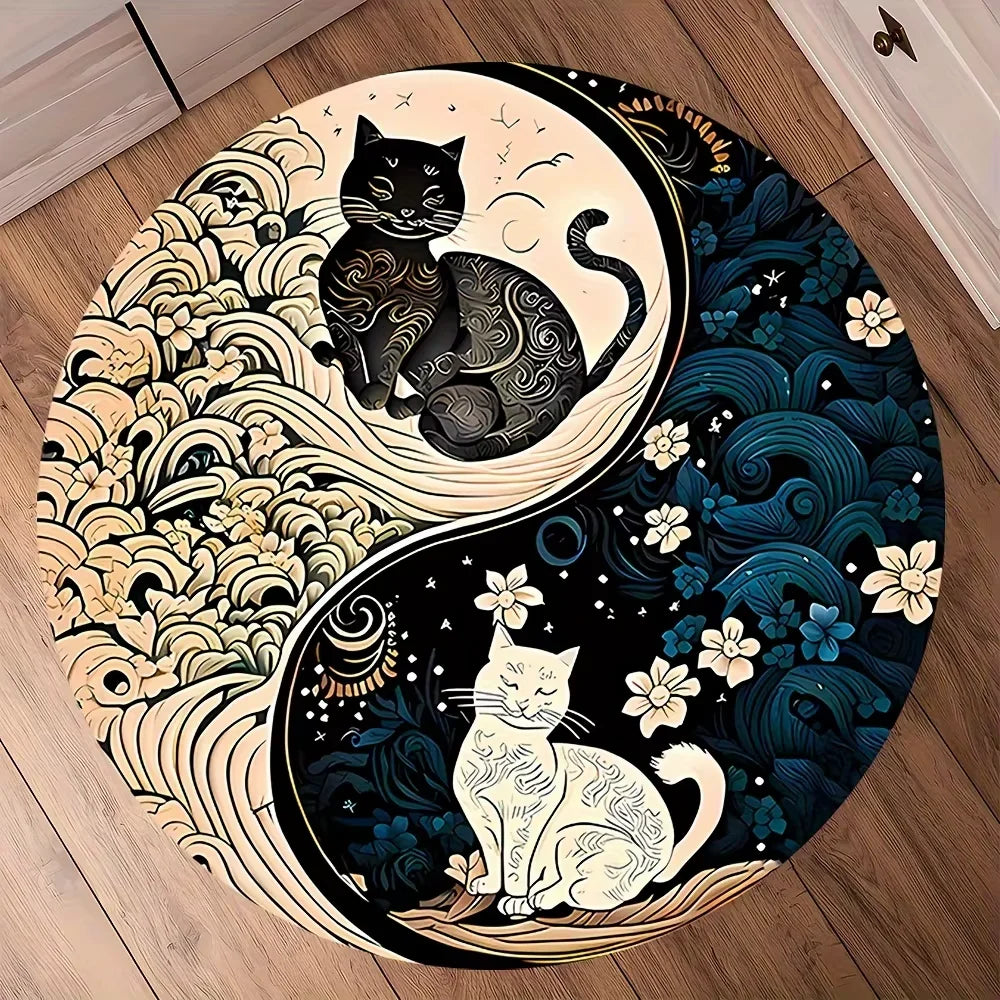 tapis rond yin yang chats motifs floraux blanc noir polyester résistant intérieur extérieur lavable