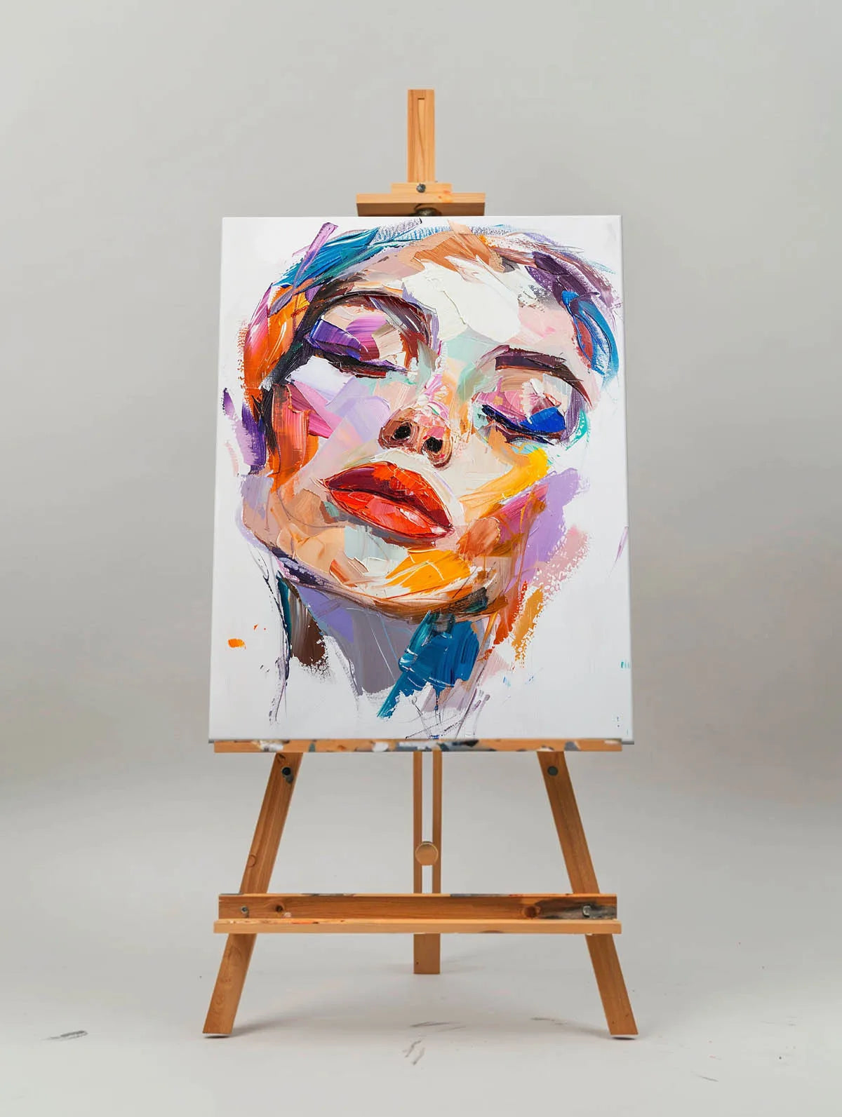 tableau abstrait multicolore contemporain expressionniste sans cadre portrait femme toile peinte décoration intérieure moderne