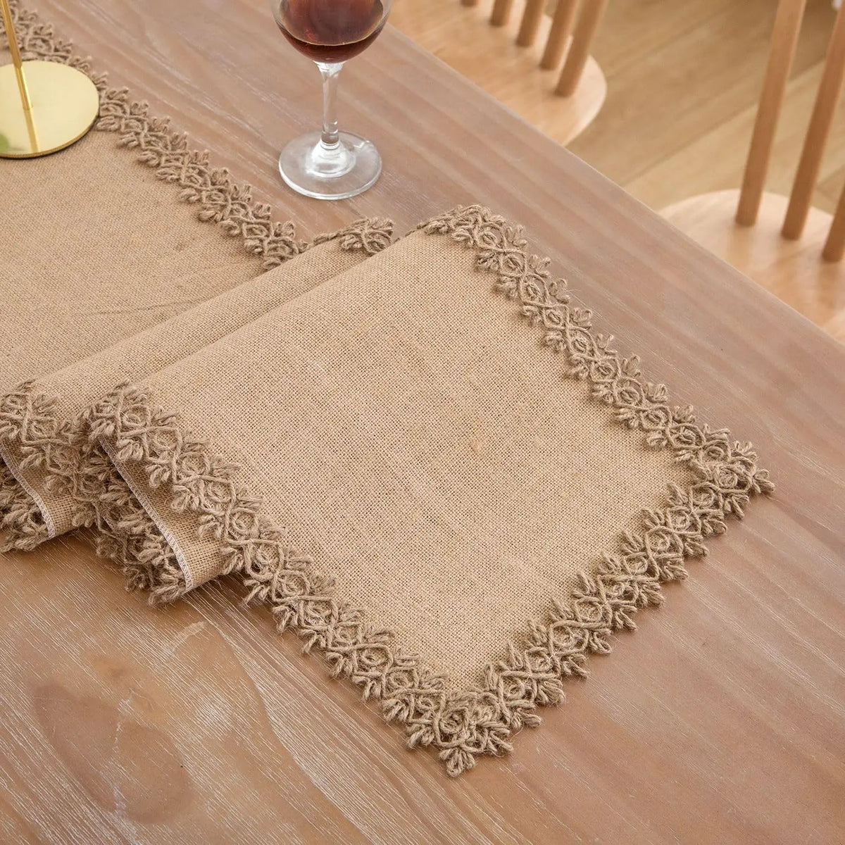 nappe table tissu jute beige rustique bordure ajourée noël halloween printemps opaque farmhouseDecoration