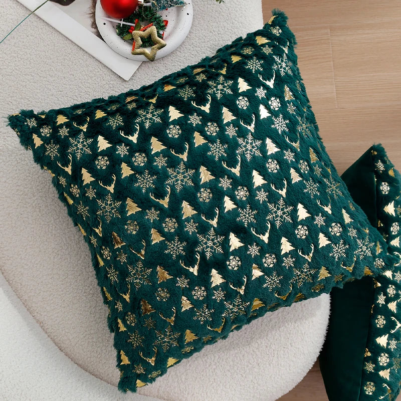 coussin peluche doux motif sapins dorés moderne couleur vert gris rose beige