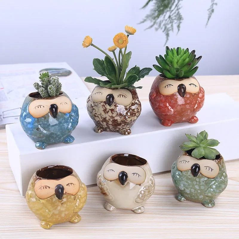 cache pot oiseau bleu beige vert marron texture granulee plantes succulentes deco animalier porcelaineceramique