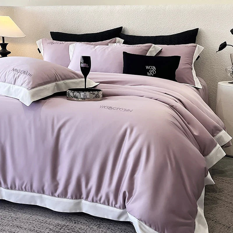 parure lit luxe coton lyocell satiné housse couette drap plat taies oreillers blanc