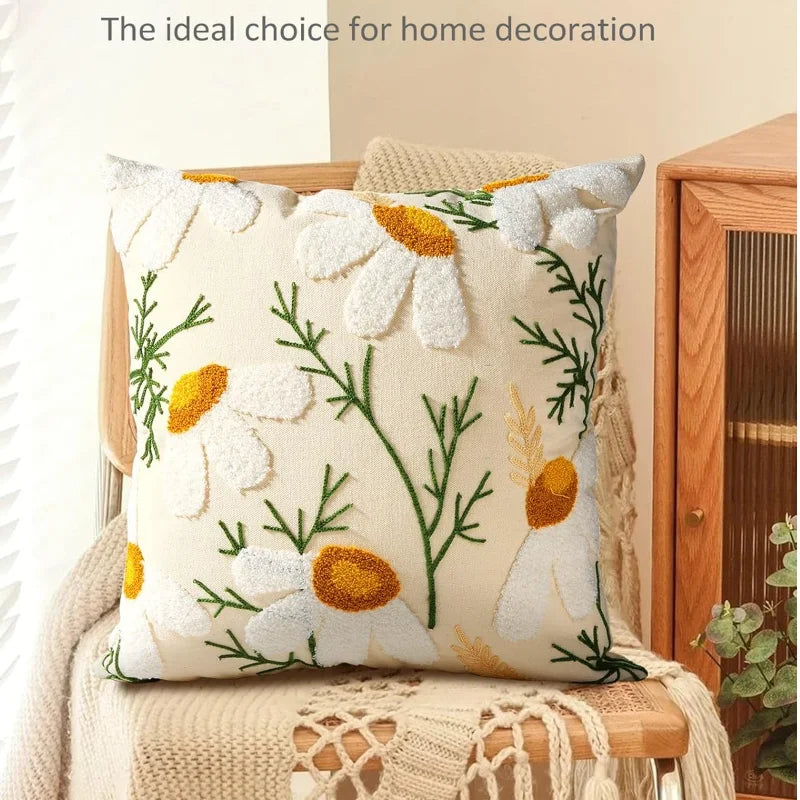 housse coussin décorative motif floral brodé moderne canapé salon lit maison blanc