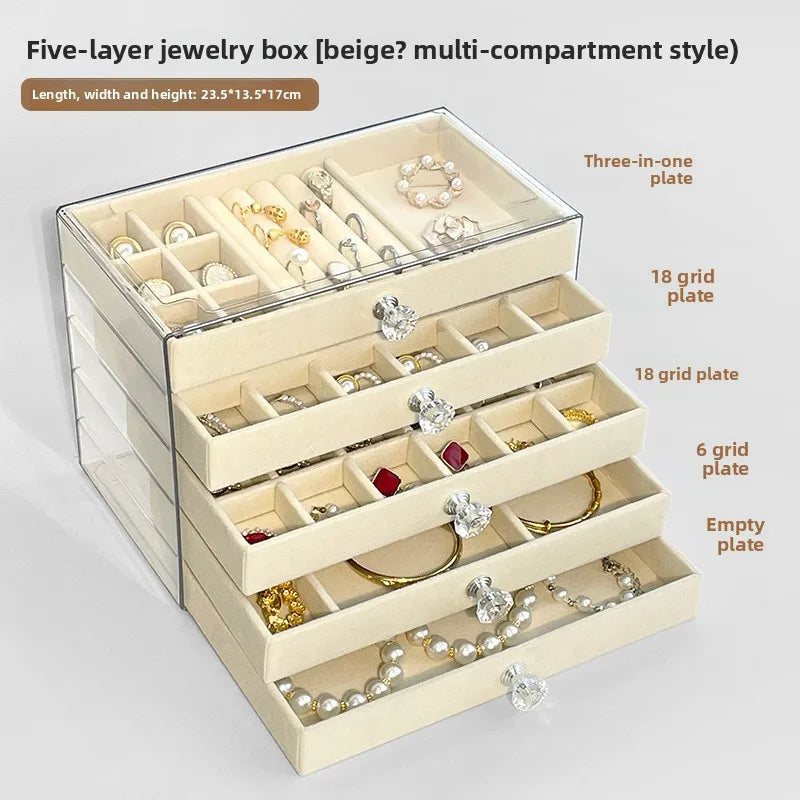 boîte bijoux velours beige clair poignées moderne rangement colliers bagues montres boucles d'oreilles