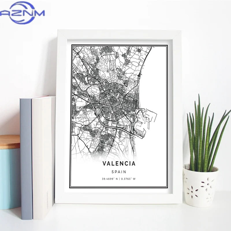 affiche ville valence noir blanc cartographique moderne décoration murale toile carrée aquarelle minimaliste:frame