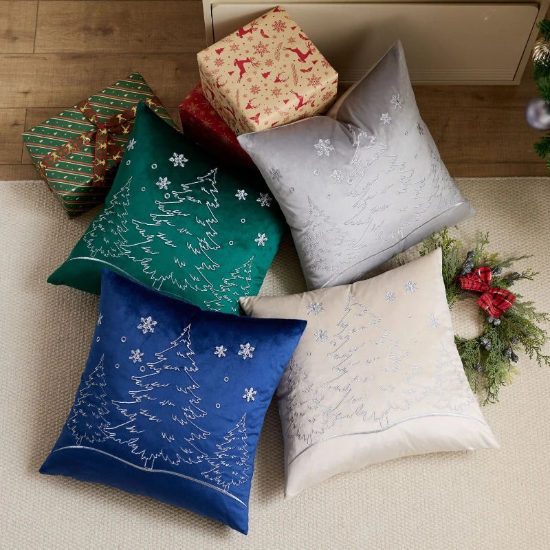 housse coussin brodée arbre noël moderne 45x45cm polyester coton velours rouge vert bleu gris