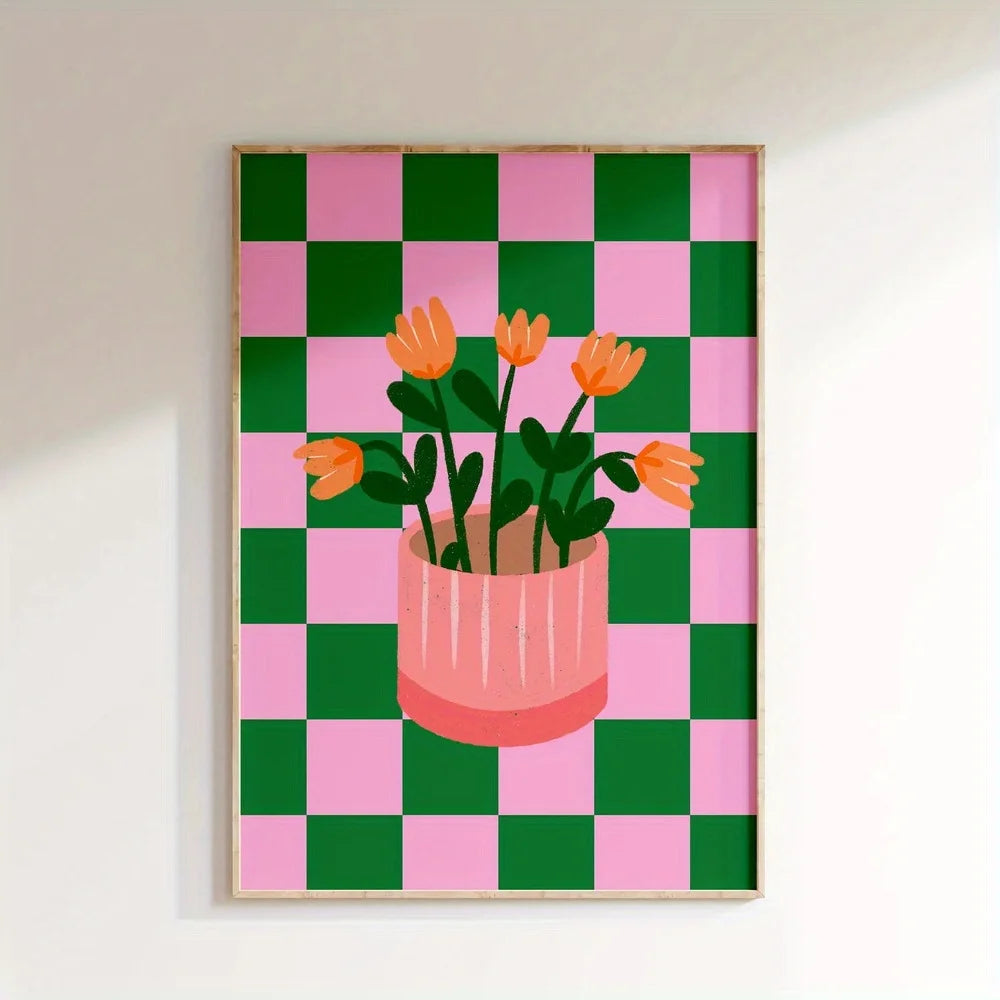 Toile d'art moderne abstraite carreaux vert rose fleurs décoration murale sans cadre chambre salon