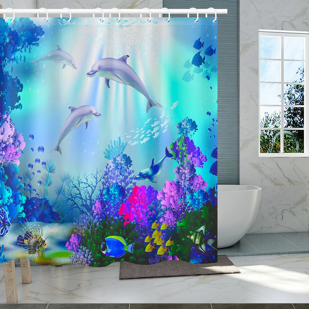 rideau douche dauphins sous marin polyester moderne 12 crochets poisson corail enfant océan bleu