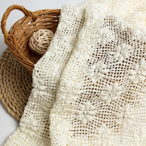 plaid traditionnel crocheté pompons blanc crème haute qualité absorption materiau coton elasthanne artisanal decoration