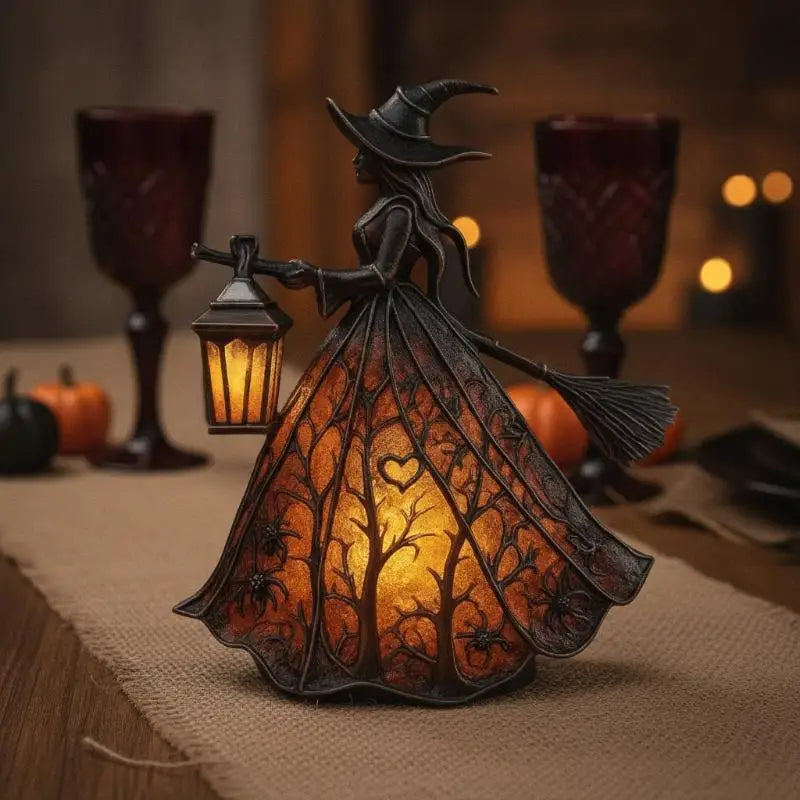 lampe décorative gothique lanterne sorcière halloween arbres coeurs araignées motifs floraux noire orangée