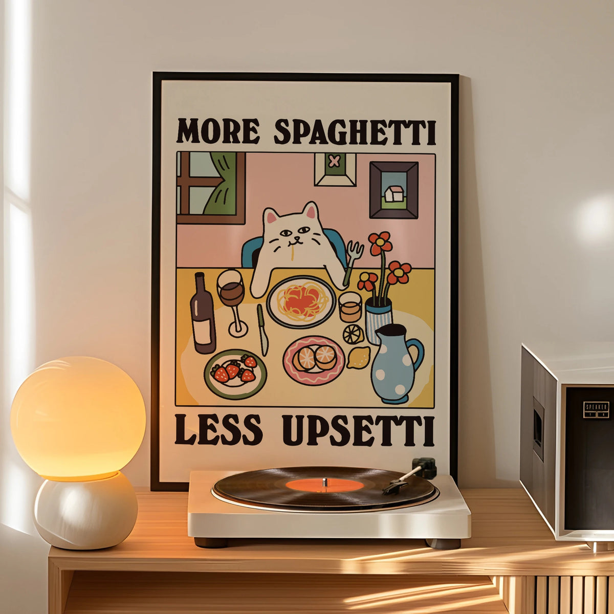 affiche encadrée illustration chat spaghetti fleurs vin fond rose humour enfant chambre salon