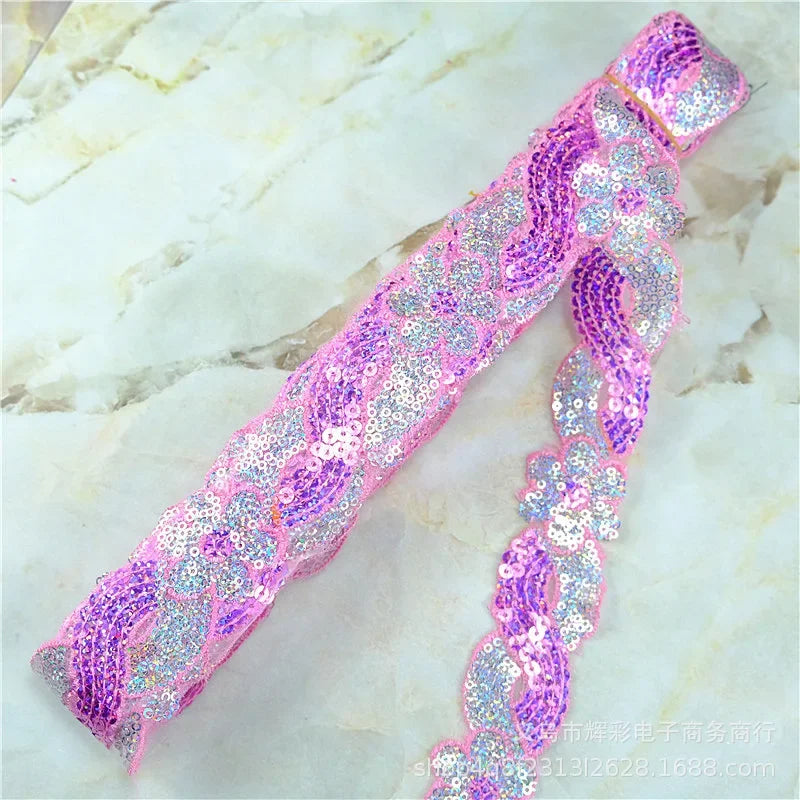 ruban décoratif dentelle sequins fleurs 4cm bleu vert rouge rose or argent partie