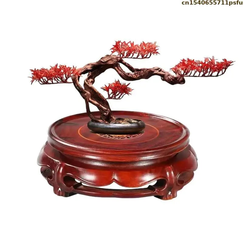 support circulaire bonsaï rouge texture bois gravure artisanal classique stand plant decoration gravé motifs