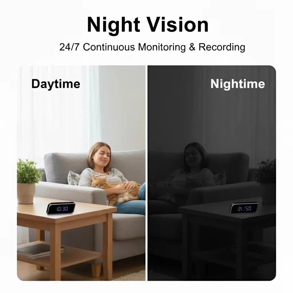caméra horloge numérique full hd wifi vision nocturne batterie microsd noir bleu moderne