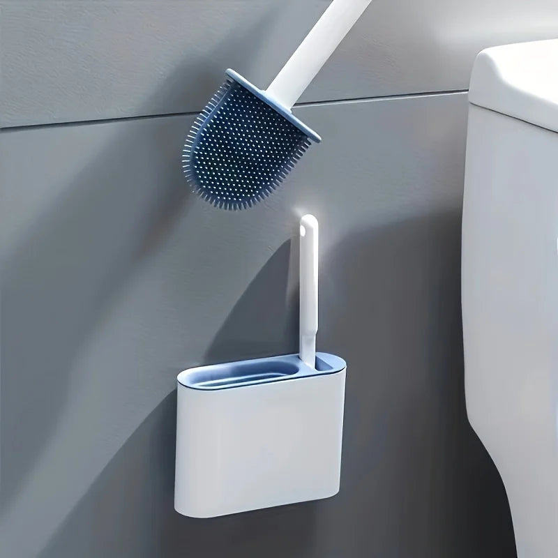 brosse wc silicone bristles support mural blanc bleu moderne hygiène salle bain