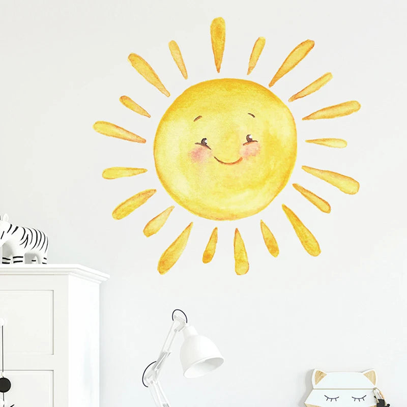 sticker mural multicolore dessin animé enfantin adhésif jaune orange rose blanc soleil
