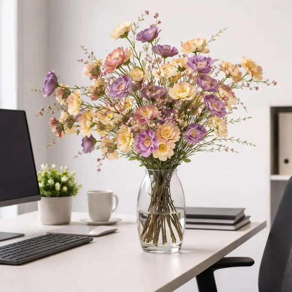 bouquet artificiel zen fleurs roses violets jaunes feuilles vertes décoration intérieure anniversaire mariage